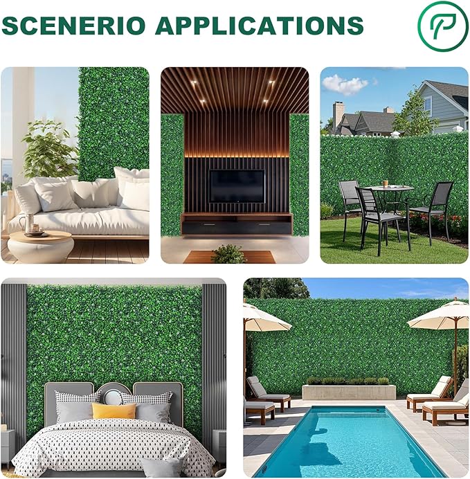 Boxwood Roll Panels with White Flower, 48"x120" (40 sqft) Artificial Ivy Privacy Fence Screen, UV-Anti Faux Boxwood Roll Grass Wall Panels for Garden Patio Balcony Decor