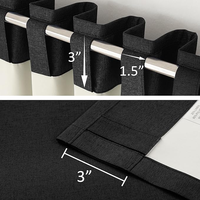 DUALIFE 90 Inch Blackout Black Curtains Boho, Thermal Insulated Burg Curtains for Summer Heat for Bedroom Living Room Linen Pleated Drapes 90 Inches Long Rod Pocket(50W x 90L x 2 Panels)