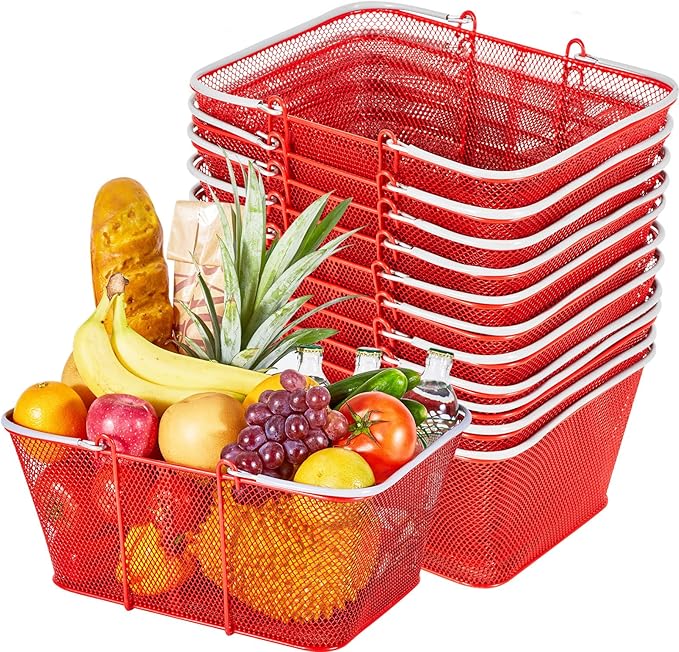 VEVOR Shopping Baskets, 12 PCS, 22L Stackable Metal Grocery Baskets with Handles, Dense Mesh Structure, Holds up to 44 lbs, Portable for Grocery, Retail, Stores, Supermarket, Bookstore, Home Use, Red