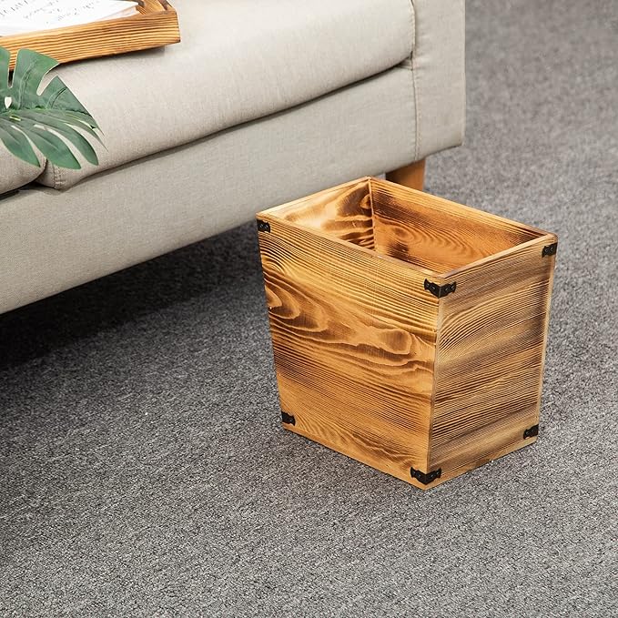 VERGOODR Grey Farmhouse Style Torched Wood Trash Can Waste Bin with Decorative Metal Brackets Trash Can for Bedroom,Living Room, Bathroom & Office (Brown)