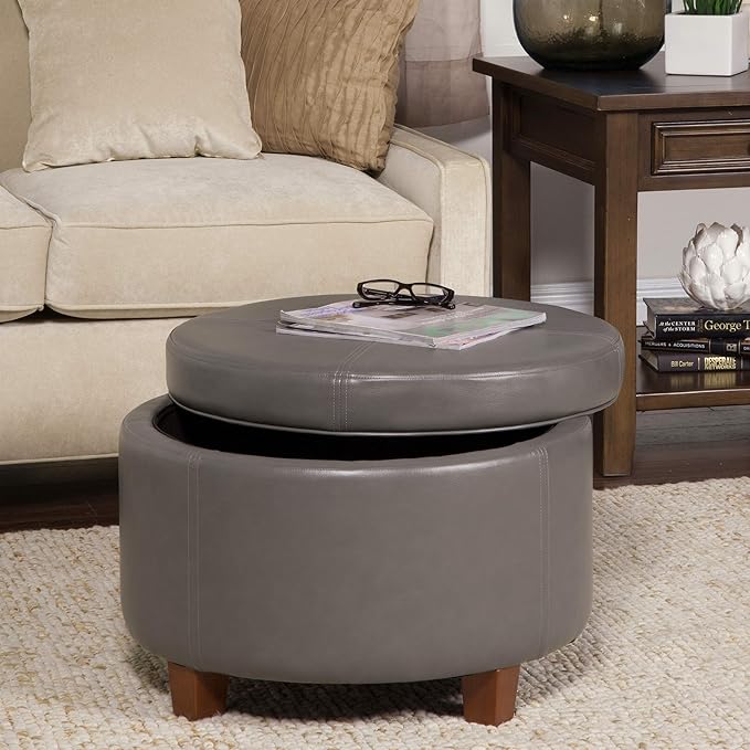 HomePop Round Leatherette Storage Ottoman with Lid, Charcoal Grey Large