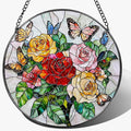 Butterfly & Rose Ornament: Stained Glass Suncatcher, Suncatcher for Window Decor, Stained Glass Window Hanging, Christmas Ornament, Gifts for Nature Lover, Women, Christmas, Mother's Day, Birthdays