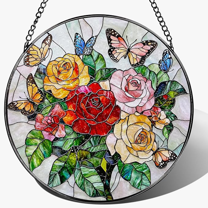 Butterfly & Rose Ornament: Stained Glass Suncatcher, Suncatcher for Window Decor, Stained Glass Window Hanging, Christmas Ornament, Gifts for Nature Lover, Women, Christmas, Mother's Day, Birthdays