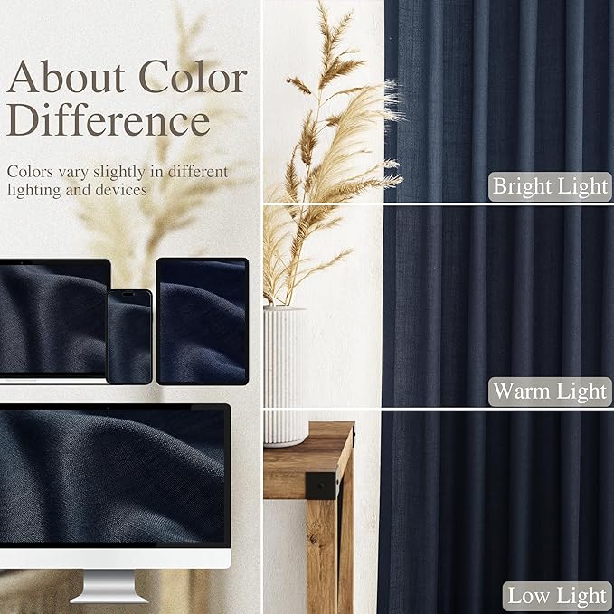 Nanspring Navy Blue Semi Sheer Curtains 72 Inches Long 2 Panels Set for Bedroom Back Tab Rod Pocket Light Filtering Drapes Cotton Linen Textured Indigo Blue Farmhouse Living Room Curtain 52X72