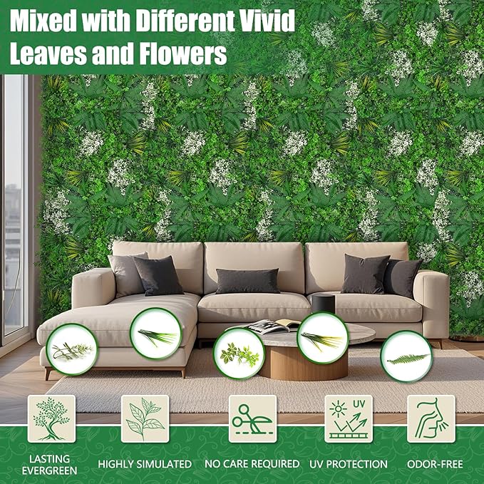 20"x20" Grass Wall Panels, 16PCS Artificial Greenery Backdrop Wall with UV Resistant Leaves, Faux Green Wall Decor for Outdoor Indoor Patio Garden Backyard