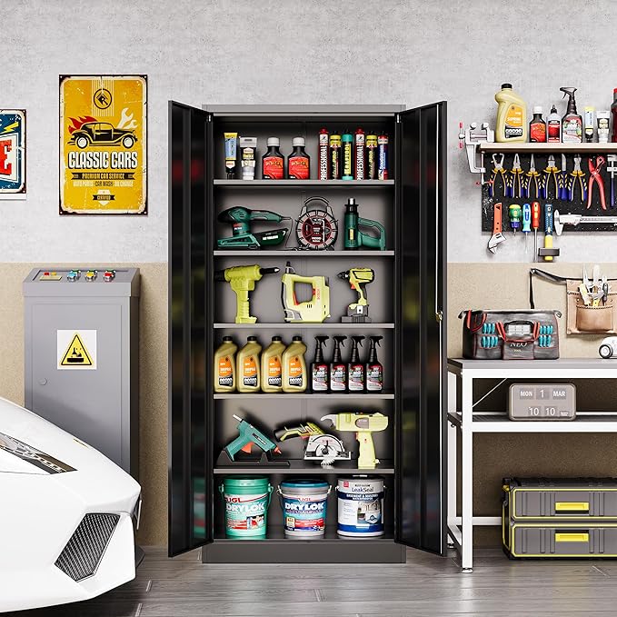 Metal Garage Storage Cabinet with Locking Doors,Steel Tool Cabinets with Adjustable Shelves for Home,Office,Garage,Warehouse Organisieren(Black)