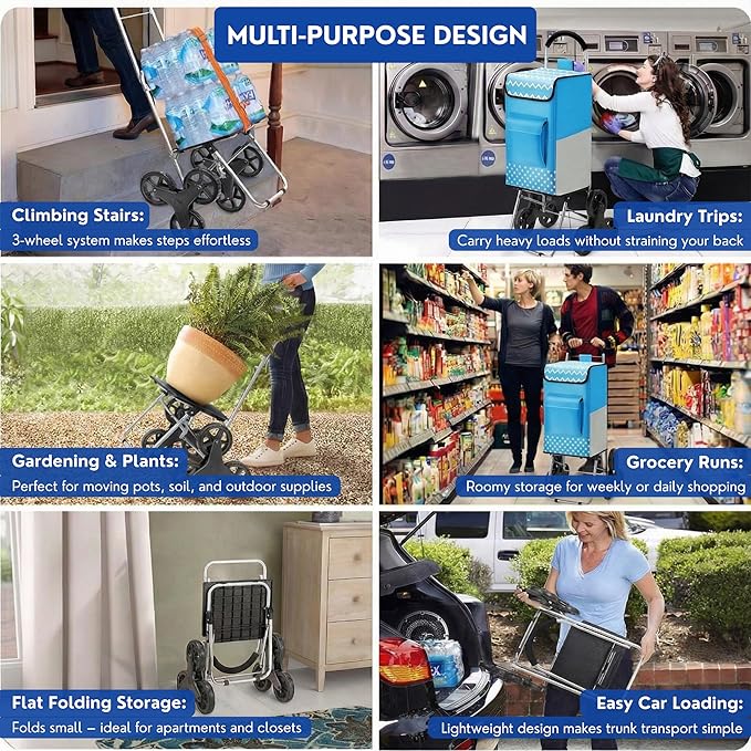 winkeep Shopping Cart, 220 lbs Capacity, Foldable Grocery Trolley with Large Bag, Laundry Utility, Adjustable Bungee Cord (Sky Blue)