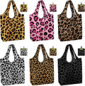 BeeGreen Leopard Print Reusable Grocery Bags 6 Pack, Heavy Duty Totes for Women, Foldable Grocery Bag Large Shopping Totes with Handles for Work, Travel, Gift, Polyester Washable Reusable Tote Bag