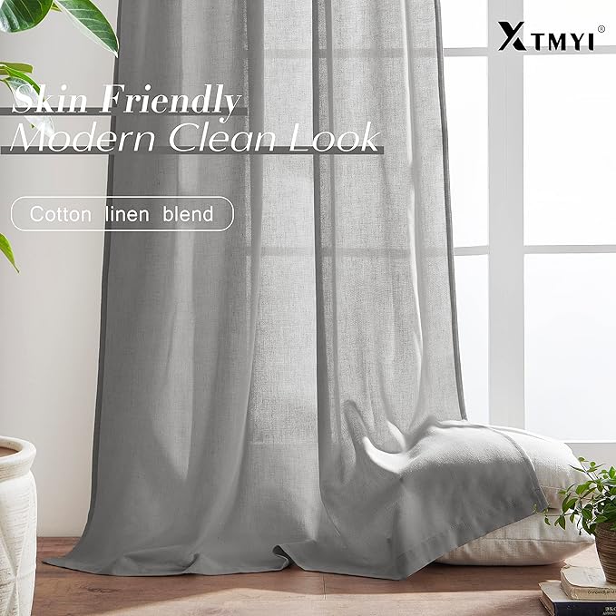 XTMYI Gray Curtains 96 Inches Long,Sheer Linen Back Tab Hooks Pleat Light Weight Modern Stylish Curtains for Living Room 96 Inch Length 2 Panel Set,Grey