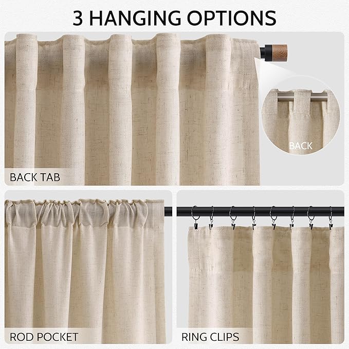 Grey Flax Linen Curtains 72 Inches Long for Living Room Linen Blend Light Filtering Mordern Boho Semi Sheer Curtains Back Tab and Rod Pocket Privacy Neutral Curtain for Bedroom Office 52x72, 2 Panels