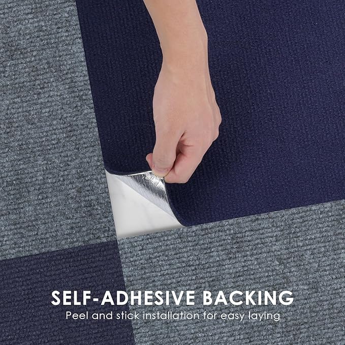 Carpet Tile 10 Pack 24” X 24” Self Adhesive Carpet Floor Tiles Anti-Slip Squares Peel and Stick Floor Tilel DIY Installation for Bedroom(Blue)