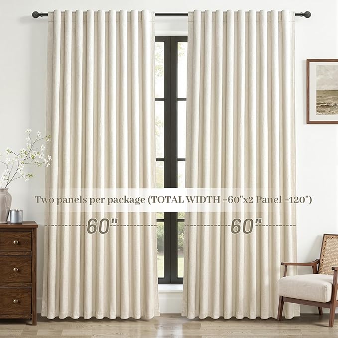 Cute Blackout Curtains 60 Inches Extra Wide Linen 96 Inch Length for Living Room/Sliding Glass Door,Pleated Heavy Duty Thermal Drapes for Winter Thick Large Window(60"Wx96"L 2 Panels Warm Cream)