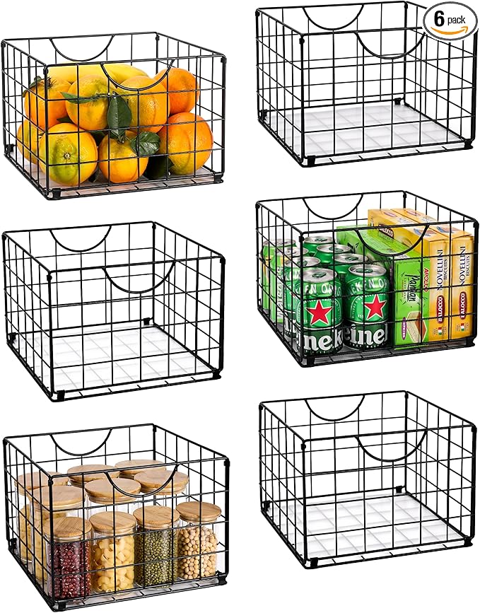 Metal Wire Basket Organizer Foldable Set of 6, Food Storage Mesh Bin with PVC Sheet, Freezer Organizer Bins for Pantry Closet Bathroom-Black