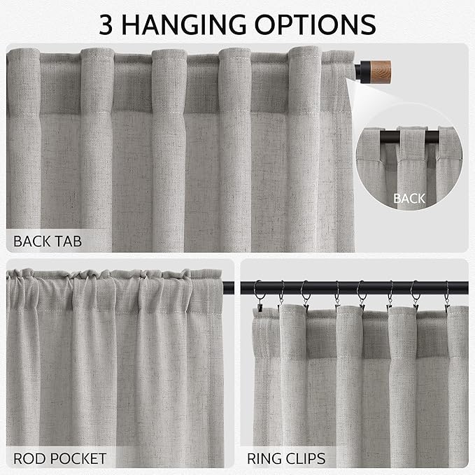 Nanspring Light Gray Linen Curtains 90 Inches Long for Living Room Simple Modern Farmhouse Linen Coastal Decor Back Tab Rod Pocket Light Filtering Semi Sheer Grey Curtain for Bedroom 52x90, 2 Panels