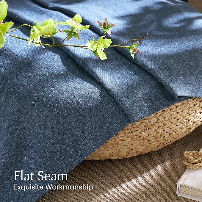 NICETOWN Thick Linen Semi Sheer Navy Blue Curtains for Bedroom, Pleat Tape Semi Sheer Privacy Added with Light Filtering Window Treatments for Farmhouse/Bedroom, W52 x L84, 2 Panels