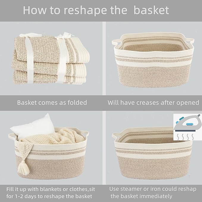 Large Rectangle Blankets Basket Living Room 22"x17"x12" Woven Cotton Rope Storage Baskets for Nursery Toy Baskets for Kids Wicker Laundry Basket Bin for Clothes Towels white brown