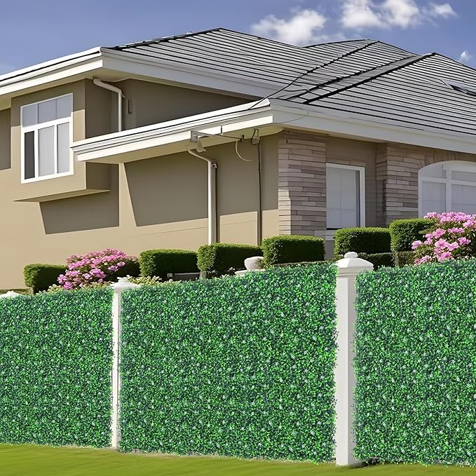 48"x 120"(40 sq.ft) Artificial Boxwood Roll Panels with Flowers, UV-Anti Faux Ivy Leaves Privacy Fence Screen, Grass Wall Roll Panels for Indoor Home Decor and Outdoor Garden Backyard