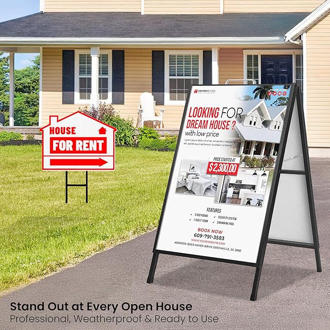 2 Pack A Frame Sign Holder 24x36 Inch, Double-Sided Folding Sandwich Board with Handle, Heavy Duty Metal Sidewalk Sign for Outdoor Business Advertising, Includes 4 Plastic Boards