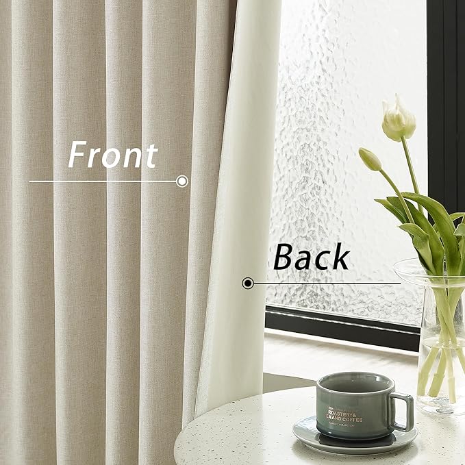 96 Inch Long Blackout Curtains - Extra Wide Thermal Insulated Sun Block Out Bedroom Linen Curtains 8 ft Window Covering Back Tab Rod Pocket Drapes for Hall Living Room W84 x L96,2 Pcs, Natural Birch
