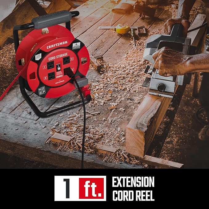CRAFTSMAN Retractable Extension Cord Reel 1 Ft. with 4 Outlets, Cable Management & Heavy Duty 14AWG SJTW Cable