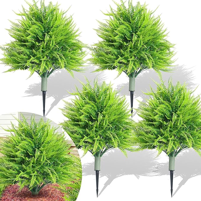 4 Artificial Boston Fern with Integrated Ground Stake 24'' Realistic UV Resistant Faux Plant with Spike for Indoor Outdoor Garden Yard Spring Summer Wedding Decoration