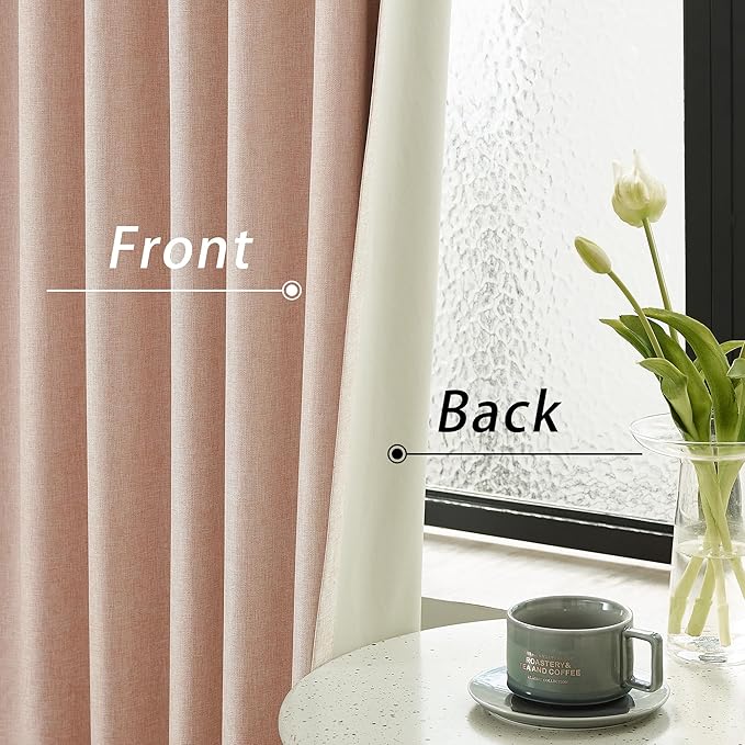 DUALIFE 100% Blackout Linen Baby Pink Curtains 84 Inch for Living Room Darkening, Bedroom Linen Drapes 84 Inches Long Rod Pocket/Back Tab Heat Blocking Bohemian Pleated Window Curtain(50"x84"x2)