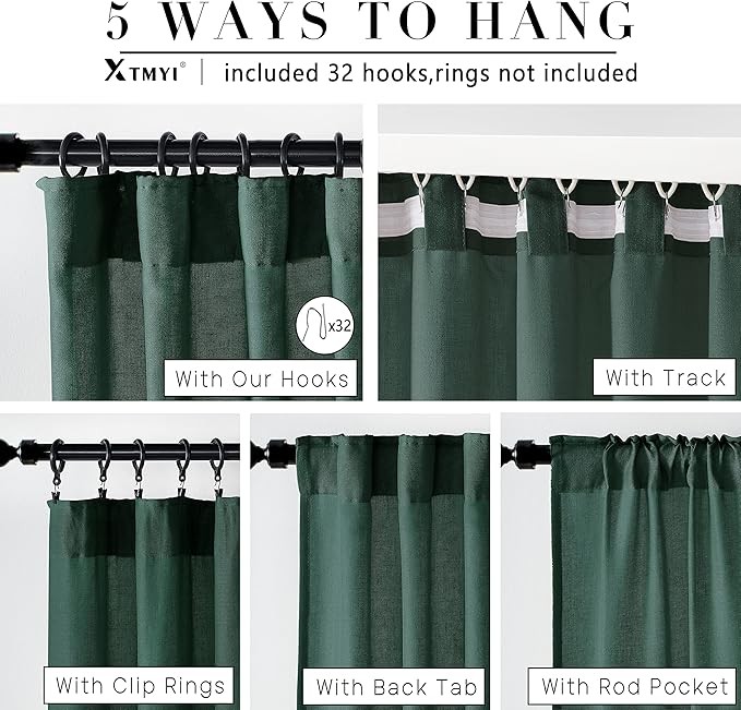 XTMYI Emerald Dark Green Curtains for Living Room 84 Inches Long 2 Panels Set Linen Rod Pocket Back Tab Hooks Pleated Hunter Green Vintage Retro Curtains for Bedroom Decor Dining Room
