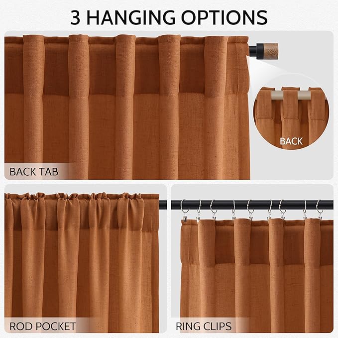 Nanspring Desert Orange Linen Curtains 63 Inches Long for Bedroom Back Translucent Modern Rustic Pinch Farmhouse Coastal Decor Cotton Texture Gauze for Bathroom 2 Panels, 52x63