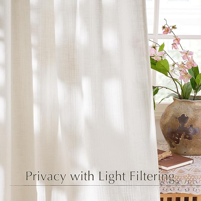 NICETOWN Natural Linen 90 inch Curtains Boho Style, Jacquard Weave Waffle Pattern Privacy Light Filtering Drapes for Farmhouse/Living Room, W52 x L90, 2 Panels