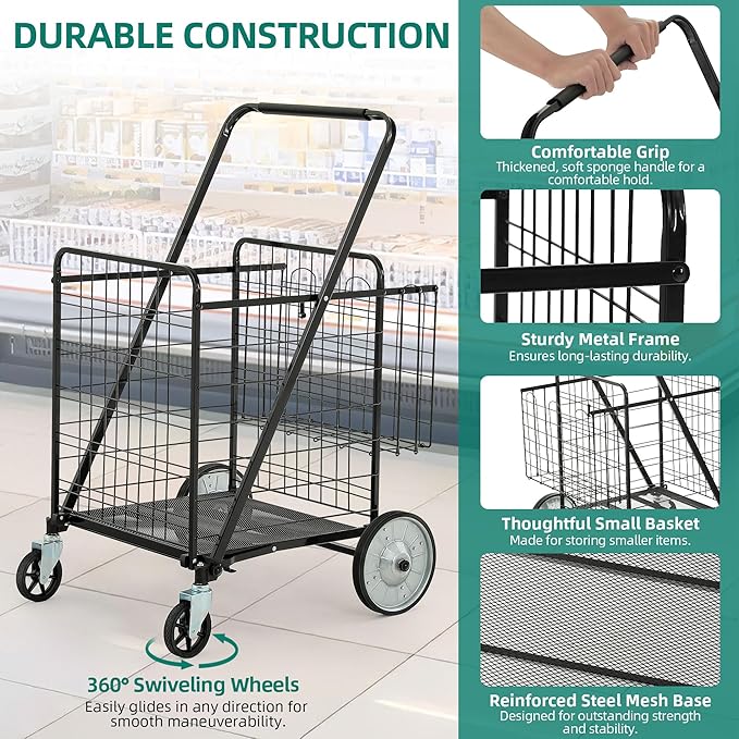 YITAHOME Heavy-Duty Jumbo Folding Shopping Cart with Wheels, Super Large Double Basket Grocery Cart, Collapsible Utility Cart for Shopping, Groceries, Laundry & Storage (Portable & Sturdy)