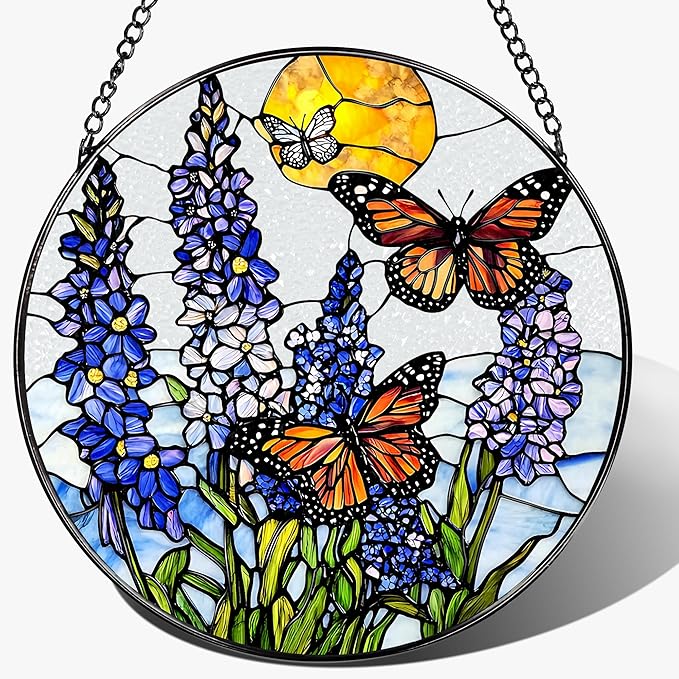 Stained Glass Window Hanging, 8 Inch Lavender & Butterfly Sun Catcher Decor, Stained Glass Ornament, Suncatchers for Windows Hanging, Window Decor, Gifts for Butterfly Lovers, Flower Lovers Gifts