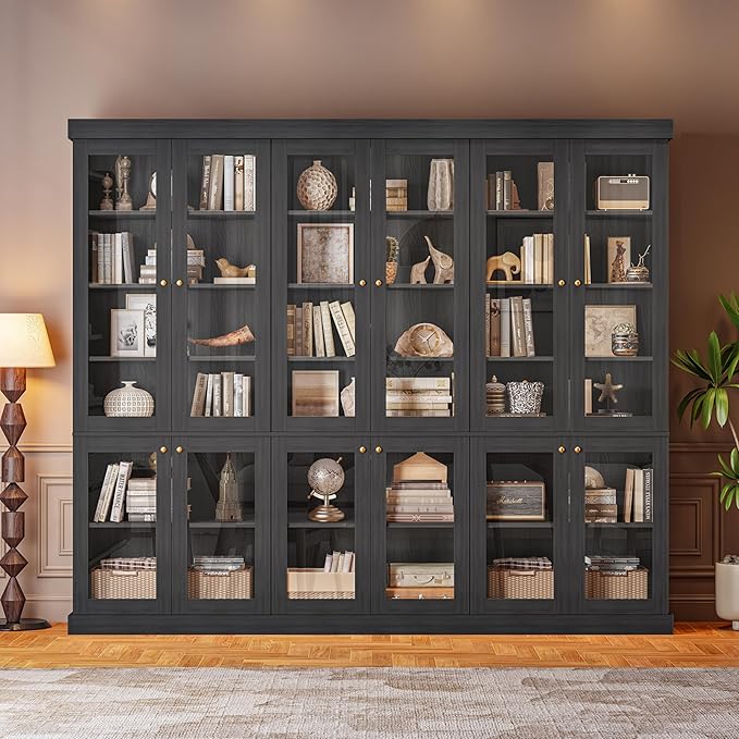 Vyre 70.8" Tall Black Bookshelf with Glass Doors, Farmhouse Modular Bookcase with 6-Tier Adjustable Shelves, Large Storage Cabinet for Home Office, Living Room, Set of 2
