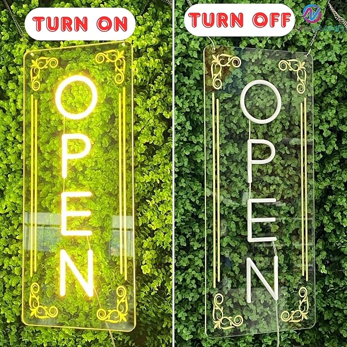 Vertical LED Open Signs for business – Super Bright - UV Printing Pattern, Remote Included - Large Size 10x24'' - Neon Open Sign for Café, Bar, Shop & Business Sign - Warm White
