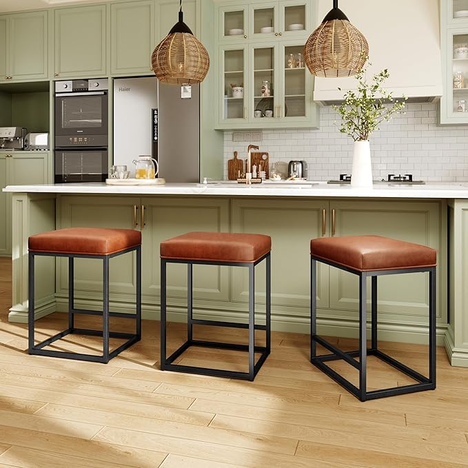 MAISON ARTS Counter Height 24" Bar Stools Set of 2 for Kitchen Counter Backless Modern Barstools Industrial Upholstered Faux Leather Stools Farmhouse Island Chairs, (24 Inch, Brown)