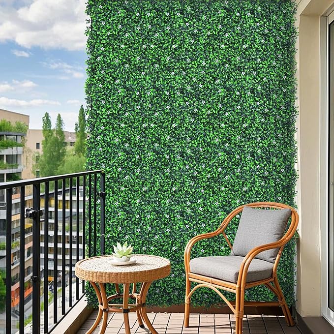 Artificial Boxwood Roll Panels with Flowers,40"x 120"(33.33 sq.ft) UV-Anti Faux Ivy Leaves Privacy Fence Screen Grass Wall Roll Panels for Indoor Home Decor and Outdoor Garden Backyard