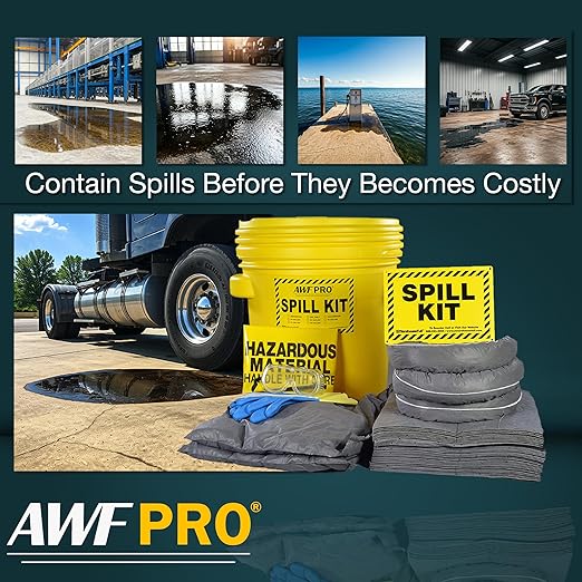 AWF PRO 20 Gallon Universal Spill Kit, 59 Pieces – 20 gal DOT Approved Drum, Socks, Pads & Pillows, & Accessories