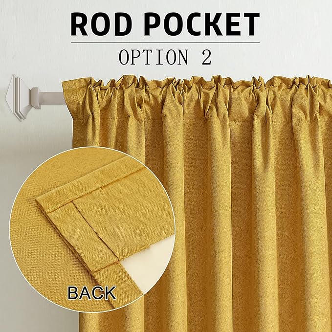 DUALIFE Faux Linen Blackout Yellow Curtains 80 Inch Long,Farmhouse Back Tab Rod Pocket Curtains Room Darkening Thermal Insulated Drapes for Bedroom Living Room,W50 x L80,2 Panels