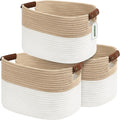 Cotton Rope Storage Baskets,15x10x9 in,Foldable Storage Bins, Decorative Woven Basket Cube Storage Organizer for Laundry, Towel, Clothes (White/Beige-3Pack, 15x10x9 inches)