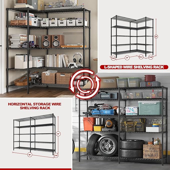 REIBII 1450LBS Shelves 5 Tier Metal Shelving Unit Storage Wire Shelving 58.1''W Pantry Shelves Wire Shelf Adjustable Garage Shelving Heavy Duty Storage Rack for Pantry Kitchen Garage, Black