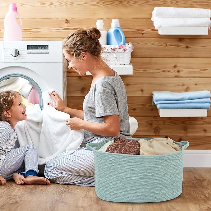 Large Rectangle Blankets Basket Living Room 22"x17"x12" Woven Cotton Rope Storage Baskets for Nursery Toy Baskets for Kids and Dogs Wicker Laundry Basket Bin for Clothes Towels green