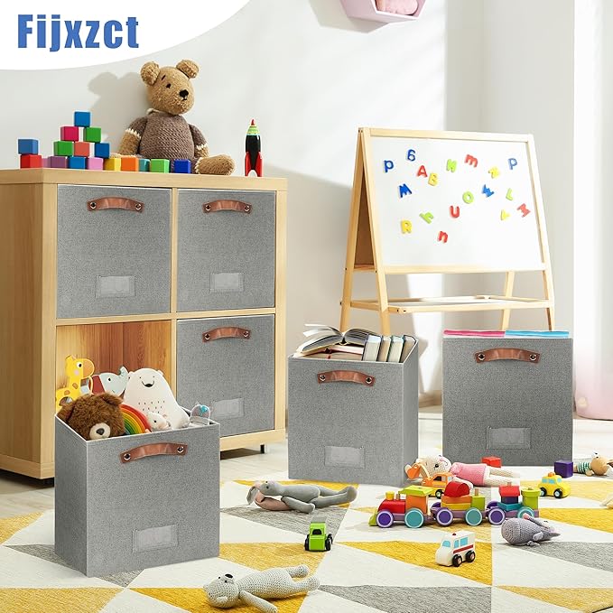 4 Pack Large Fabric Storage Bins for Shelves, Collapsible Storage Baskets with Handles for Organizing Clothes, Toys, and Household Items, Grey & White (Dark Gray, 13")