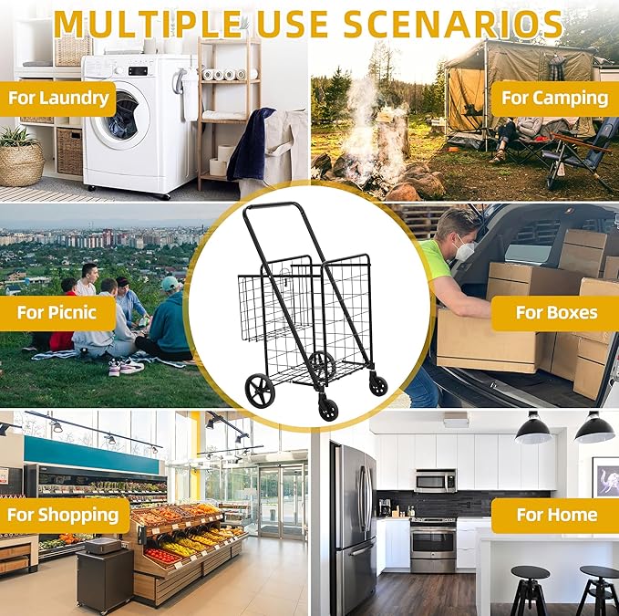 DWVO Jumbo Folding Shopping Cart with Wheels, Rolling Foldable Grocery Cart with Double Basket, Portable Collapsible Utility Cart for Shopping Groceries Laundry Storage Organizer