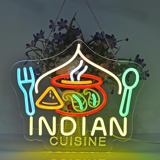 Indian Cuisine Neon Sign, Indian Food Neon Lights Hanging Wall Art Decoration for Indian Restaurant Fast Food Shop/Truck, Bar, Pub, USB Powered Ultra Bright Dimmable, 14.96×12.6 inches