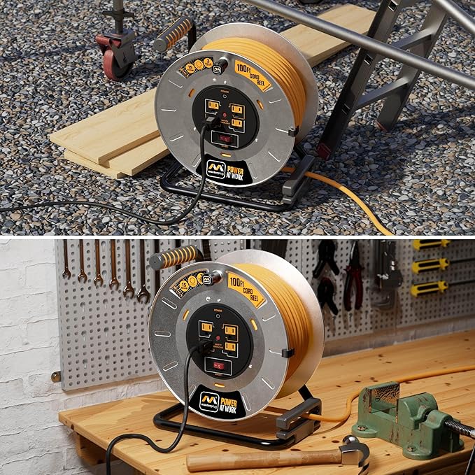 Masterplug 100ft Cord Reel, Metal Cable Drum, Retractable Extension Lead with Winding Handle, Safety Overload Circuit Breaker and Power Switch, 4x Grounded Outlets, 15amps, 12AWG Cable