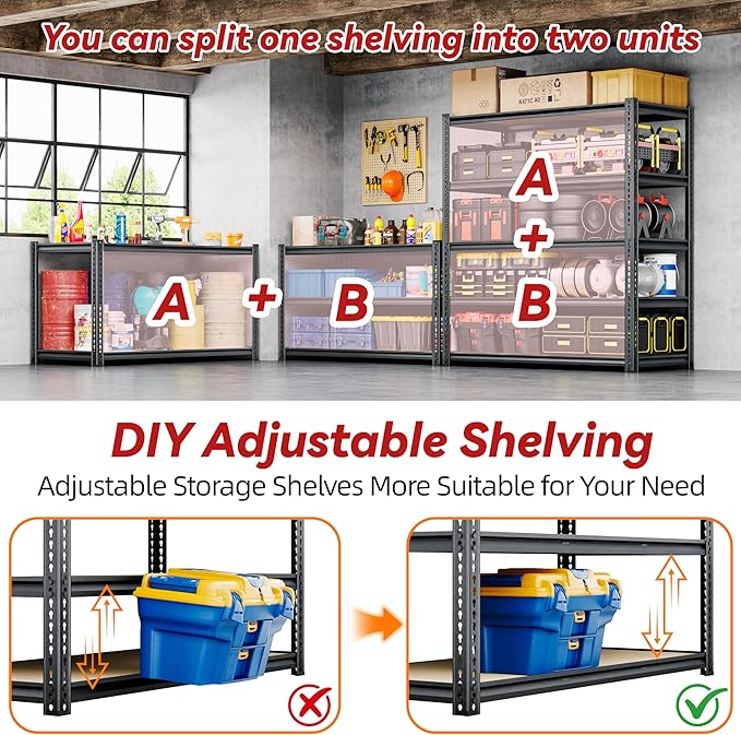 72" H Storage Shelves with Reinforced,2000LBS Garage Shelving,Adjustable Metal Shelving Unit,Garage Shelve Heavy Duty for Basement, Warehouse, Kitchen,35.6" W × 16" D × 72" H, Black