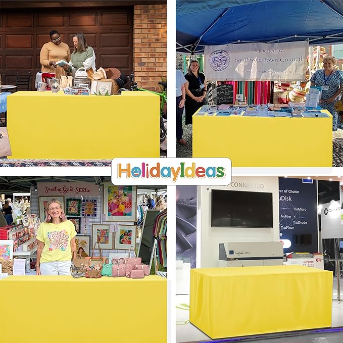 HolidayIdeas Fitted Tablecloths for 6 Foot Rectangle Table, Wrinkle Resistant Washable Table Cover 30x72 Inch for Vendor Booth Display, Banquet, Trade Show, Yellow, 4 Pcs