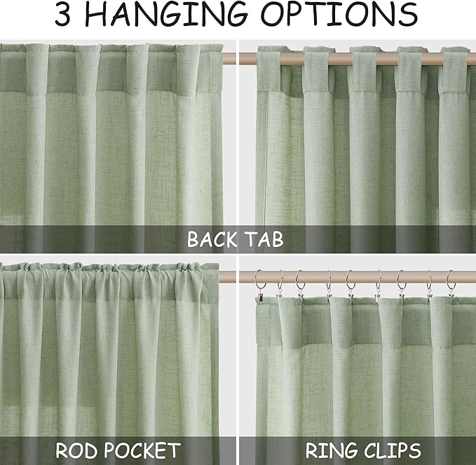 Nanspring Mist Sage Linen Curtains 102 Inches Long Rod Pocket Back Tab Drapes 2 Panels Set for Living Room Bedroom Light Filtering Semi Sheer Mist Sage Curtain 102 Length for Patio Door 52x102