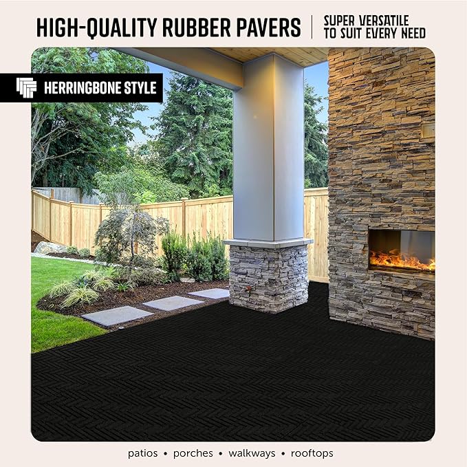 Playsafer Herringbone Rubber Interlocking Tiles | 16 X 16 | Easy Install for Indoor and Outdoor Use (Black, 4 Tiles)