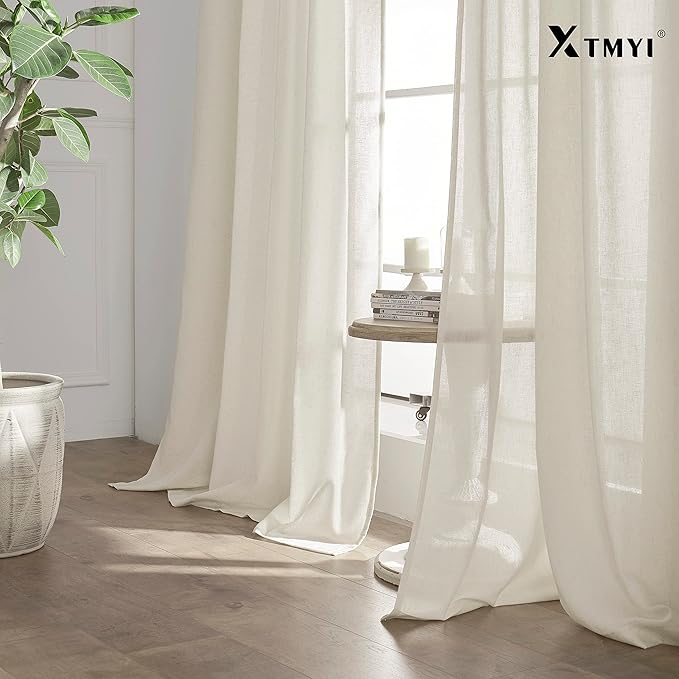 XTMYI 102 Inch Curtains 2 Panels Set Custom Length Back Tab Linen Window Sheer Privacy Thick Decorative Curtain Drapes for Living Room Bedroom,50x102 in Long,Cream(Ivory/Off White)