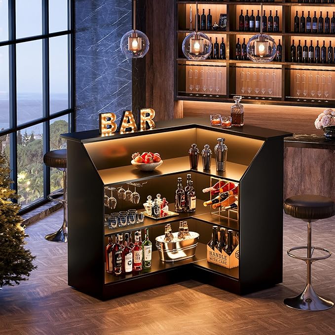 Tribesigns L-Shaped Bar Cabinet, 4-Tier Corner Bar Unit with Stemware Racks, Black